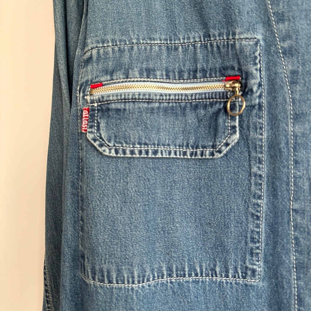 VTG 90’s Chambray AT LAST Oversized Denim Zip Front Shirt w Pearl Snaps - Size L - Picture 9 of 10